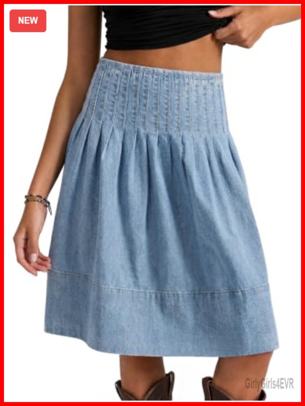 Pleated Denim Midi Skirt High Waisted A-Line Knee Length